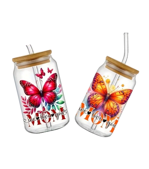 Gobelet avec couvercle Mom et papillons